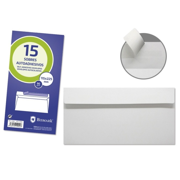 Bismark Confezione da 15 buste americane in carta da 90 g - Dimensioni 115 x 225 mm - Chiusura autoadesiva - Colore bianco