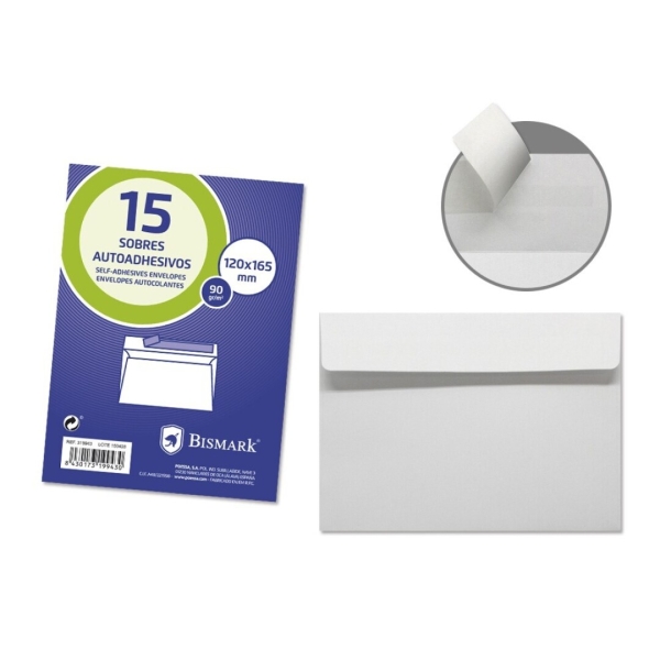 Bismark Confezione da 15 buste commerciali in carta da 90 g - Dimensioni 120x165 mm - Chiusura autoadesiva - Colore bianco