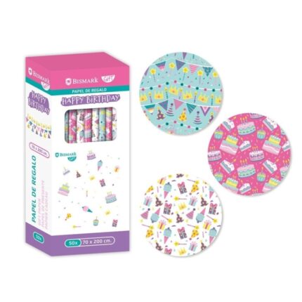 Bismark Happy Birthday Rotolo di carta da regalo - Dimensioni 70 cm x 200 cm - 3 diversi disegni