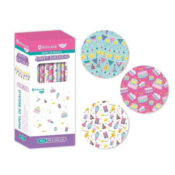 Bismark Happy Birthday Rotolo di carta da regalo - Dimensioni 70 cm x 200 cm - 3 diversi disegni