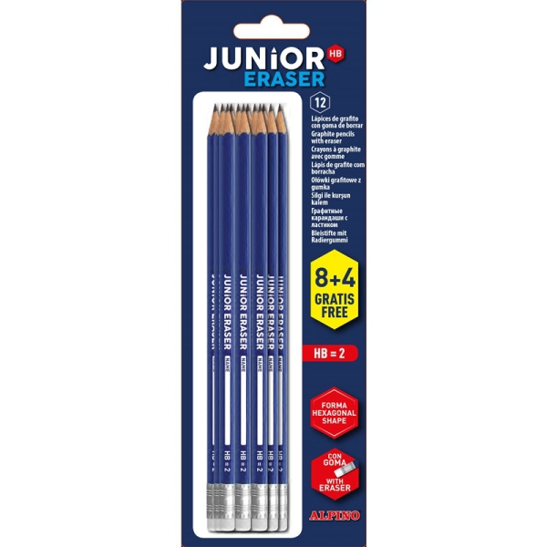 Alpino Junior Blister da 12 matite di grafite HB con gomma - Spazio per il nome