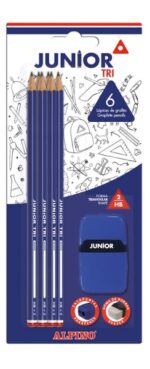 Alpino Junior Tri Blister da 6 matite di grafite HB triangolari + temperino con gomma - Spazio per il nome