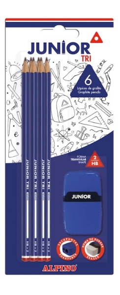 Alpino Junior Tri Blister da 6 matite di grafite HB triangolari + temperino con gomma - Spazio per il nome