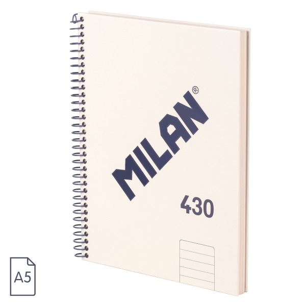 Milan 430 Since 1918 Quaderno A5 con spirale - Carta a righe da 7 mm - 80 fogli da 95 g - Copertina rigida - Colore beige