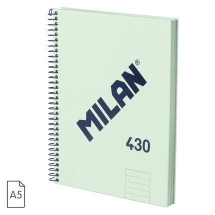 Milan 430 Since 1918 Quaderno A5 con spirale - Carta a righe da 7 mm - 80 fogli da 95 g - Copertina rigida - Colore menta