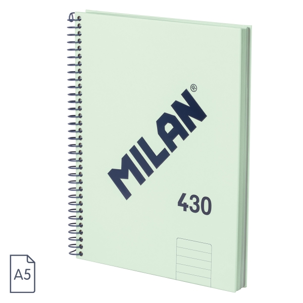 Milan 430 Since 1918 Quaderno A5 con spirale - Carta a righe da 7 mm - 80 fogli da 95 g - Copertina rigida - Colore menta