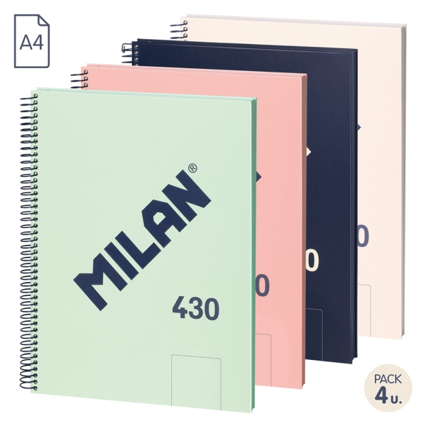 Milan 430 Since 1918 Confezione da 4 quaderni A4 con spirale - Fogli bianchi - 80 fogli da 95 g - Copertina rigida - Colori assortiti Milan 430 Since 1918 Confezione da 4 quaderni A4 con spirale - Fogli bianchi - 80 fogli da 95 g - Copertina rigida - Colori assortiti