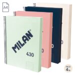 Milan 430 Since 1918 Confezione da 4 quaderni A4 con spirale - Carta a righe da 7 mm - 120 fogli da 95 g - Copertina rigida - Colori assortiti