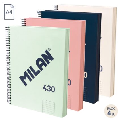 Milan 430 Since 1918 Confezione da 4 quaderni A4 con spirale - Carta a righe da 7 mm - 120 fogli da 95 g - Copertina rigida - Colori assortiti