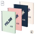 Milan 430 Since 1918 Confezione da 4 quaderni A5 con spirale - Fogli bianchi - 80 fogli da 95 g - Copertina rigida - Colori assortiti