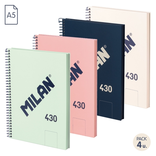 Milan 430 Since 1918 Confezione da 4 quaderni A5 con spirale - Fogli bianchi - 80 fogli da 95 g - Copertina rigida - Colori assortiti