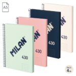 Milan 430 Since 1918 Confezione da 4 quaderni A5 con spirale - Carta a righe da 7 mm - 80 fogli da 95 g - Copertina rigida - Colori assortiti