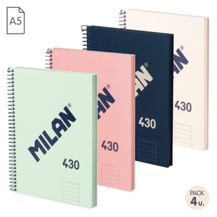 Milan 430 Since 1918 Confezione da 4 quaderni A5 con spirale - Carta a righe da 7 mm - 80 fogli da 95 g - Copertina rigida - Colori assortiti