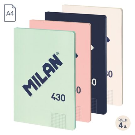 Milan 430 Since 1918 Confezione da 4 quaderni A4 rilegati - Griglia 5x5 mm - 48 fogli da 95 g - Colori assortiti