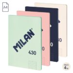Milan 430 Since 1918 Confezione da 4 quaderni A4 rilegati - Carta a righe da 7 mm - 48 fogli da 95 g - Colori assortiti