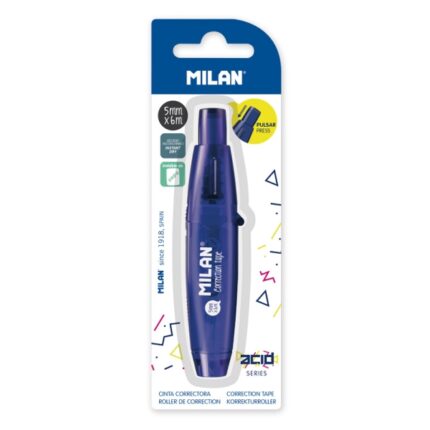 Milan Acid Nastro correttore con pulsante - Confezione in blister - 5 mm x 6 m - Colore blu