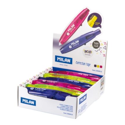 Milan Acid Espositore con 12 nastri correttori con pulsante 5 mm x 6 m - Colori assortiti