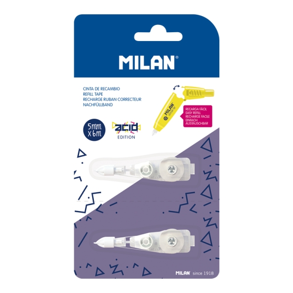 Milan Acid Confezione da 2 ricambi per nastro correttore con pulsante - Confezione in blister - 5 mm x 6 m - Colore bianco
