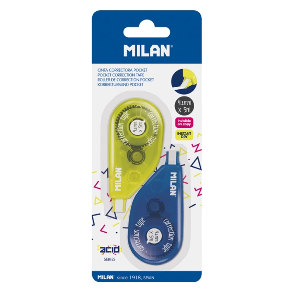 Milan Acid Pocket Pack da 2 nastri correttori - Confezione in blister - 2 mm x 5 m - Colore giallo
