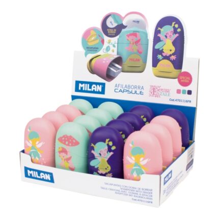 Milan Capsule Fairy Tale Espositore con 16 temperamatite - Serbatoio integrato - Lama di sicurezza in acciaio - Colori assortiti