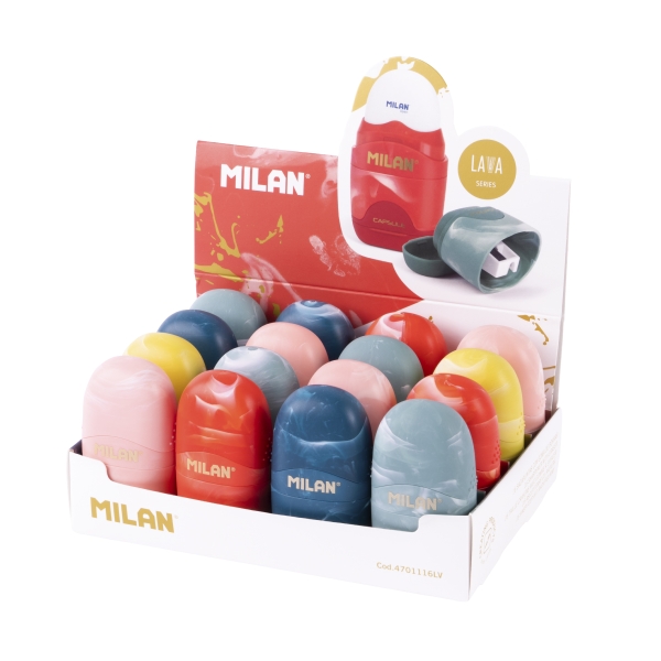 Milan Capsule Lava Espositore con 16 affilatori - Gomma per briciole di pane - Serbatoio integrato - Lama di sicurezza in acciaio - Colori assortiti Milan Capsule Lava Espositore con 16 affilatori - Gomma per briciole di pane - Serbatoio integrato - Lama di sicurezza in acciaio - Colori assortiti