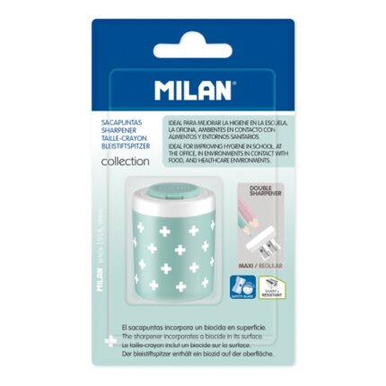 Milan Collection + Temperamatite doppio con serbatoio - Foro normale e maxi - Superficie antibatterica - Colore turchese