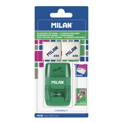 Milan Compact Afilaborra - 2 gomme di ricambio - Lama in acciaio di sicurezza - Doppio foro per matite normali e maxi - Colori assortiti
