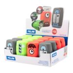 Milan Compact Aliens Espositore con 16 temperamatite - Gomma a forma di briciola di pane - Regular e Maxi - Serbatoio integrato - Lama di sicurezza in acciaio - Colori assortiti