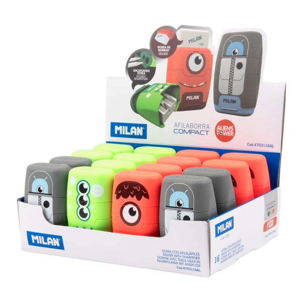 Milan Compact Aliens Espositore con 16 temperamatite - Gomma a forma di briciola di pane - Regular e Maxi - Serbatoio integrato - Lama di sicurezza in acciaio - Colori assortiti