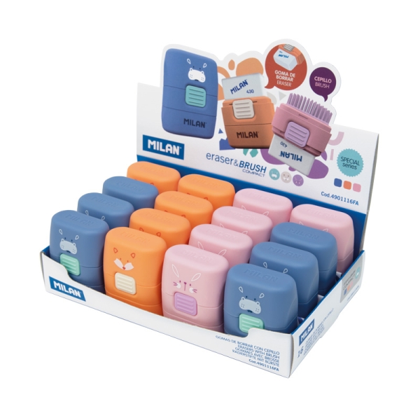 Milan Compact Fun Animals Espositore con 16 gomme da cancellare con spazzolino - Colori assortiti