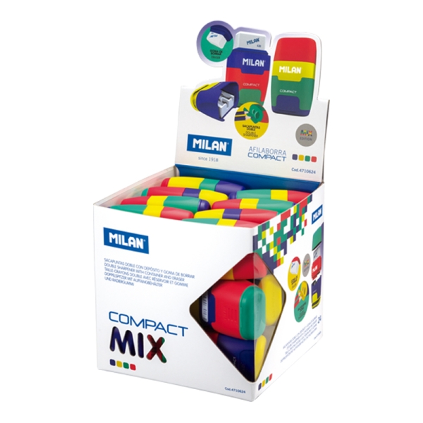 Milan Compact Mix Espositore con 24 temperamatite - Gomma a briciole - Contenitore integrato - Lama di sicurezza in acciaio - Colori assortiti