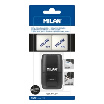 Milan Compact Shadow Temperamatite - 2 gomme di ricambio - Lama in acciaio di sicurezza - Doppio foro per matite normali e maxi - Colore nero