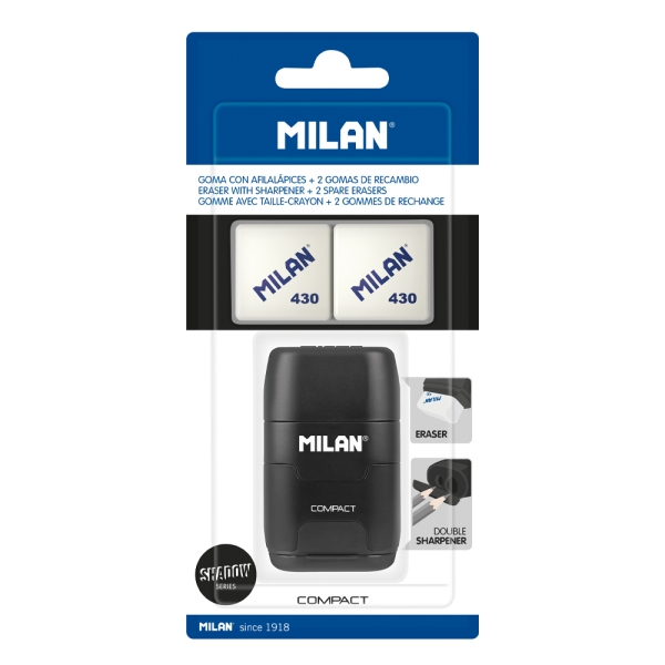 Milan Compact Shadow Temperamatite - 2 gomme di ricambio - Lama in acciaio di sicurezza - Doppio foro per matite normali e maxi - Colore nero