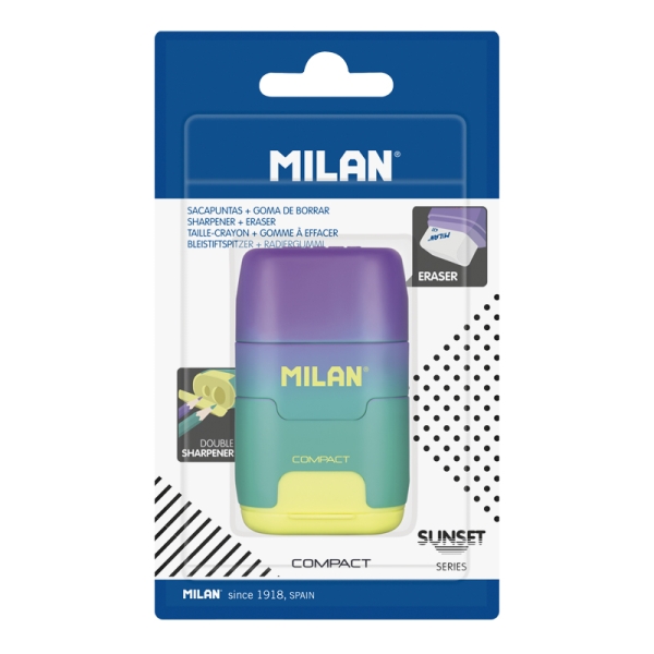 Milan Compact Sunset Temperamatite - Lama di sicurezza in acciaio - Doppio foro per matite normali e maxi - Colore turchese Milan Compact Sunset Temperamatite - Lama di sicurezza in acciaio - Doppio foro per matite normali e maxi - Colore turchese