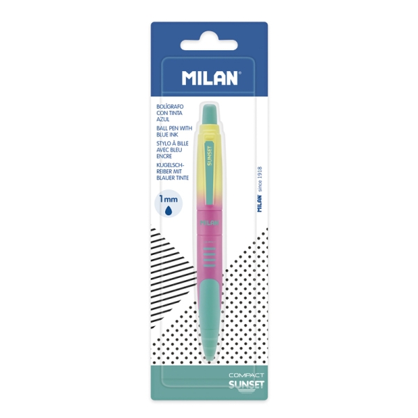 Milan Compact Sunset Blister con 1 penna a sfera retrattile - Inchiostro blu - Punta rotonda 1 mm - Colori assortiti