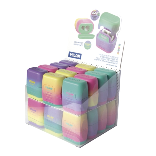 Milan Compact Sunset Espositore con 24 temperamatite doppi - Regular e Maxi - Serbatoio integrato - Lama di sicurezza in acciaio - Colori assortiti