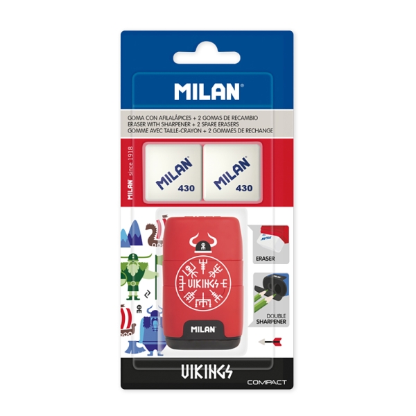 Milan Compact Vikings Temperamatite - 2 gomme di ricambio - Lama di sicurezza in acciaio - Doppio foro per matite normali e maxi - Colori assortiti