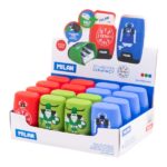 Milan Compact Vikings Espositore con 16 temperamatite - Gomma da cancellare - Regular e Maxi - Serbatoio integrato - Lama in acciaio di sicurezza - Colore rosso