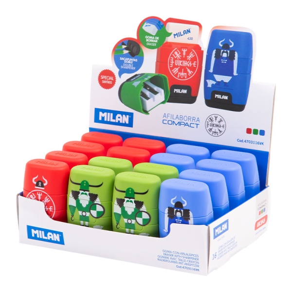 Milan Compact Vikings Espositore con 16 temperamatite - Gomma da cancellare - Regular e Maxi - Serbatoio integrato - Lama in acciaio di sicurezza - Colore rosso