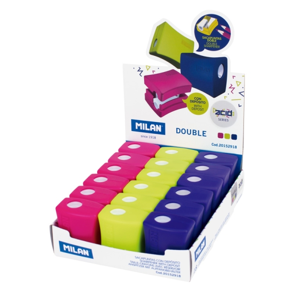 Milan Double Acid Espositore con 18 temperamatite - Regular e Maxi - Serbatoio integrato - Lama di sicurezza in acciaio - Colori assortiti