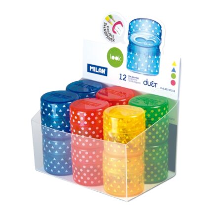 Milan Duet Look Espositore con 12 temperamatite doppi - Regular e Maxi - Serbatoio integrato - Lama di sicurezza in acciaio - Colori assortiti