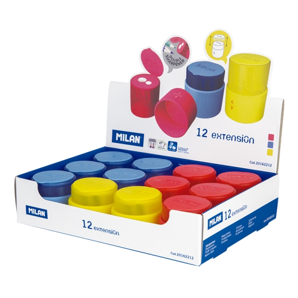 Milan Extension Espositore con 12 temperamatite doppi - Regular e Maxi - Serbatoio integrato - Lama di sicurezza in acciaio - Colori assortiti
