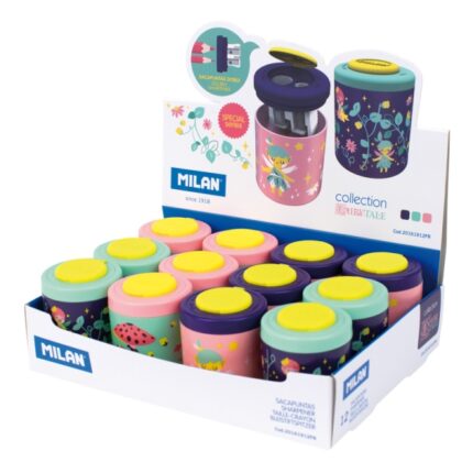 Milan Fairy Tale Espositore con 12 temperamatite doppi - Regular e Maxi - Contenitore integrato - Lama di sicurezza in acciaio - Colori assortiti
