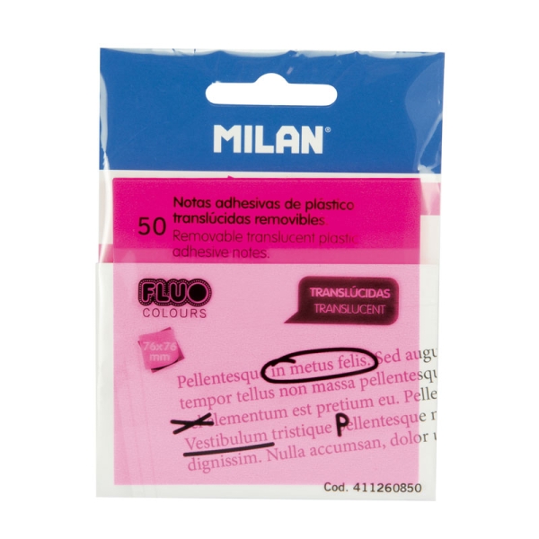 Milan Fluo Confezione da 50 foglietti adesivi - Traslucidi - Rimovibili - 76x76 mm - Colore rosa