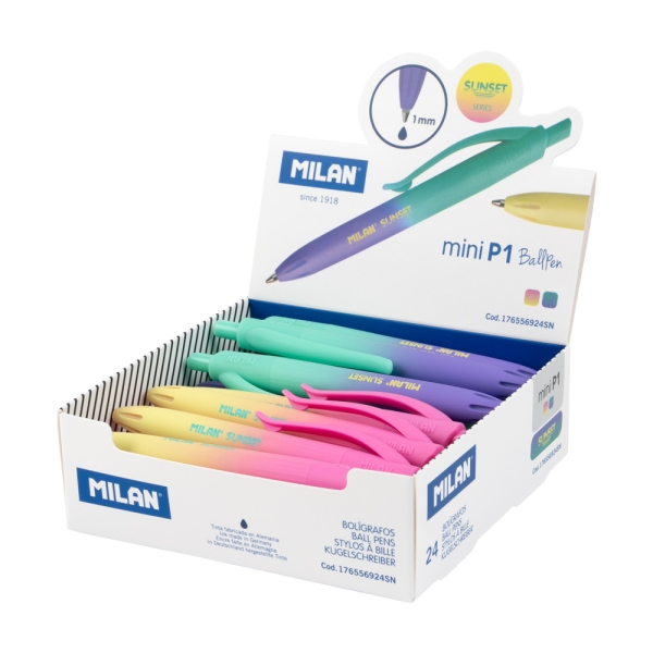 Milan Mini P1 Sunset Espositore con 24 penne a sfera retrattili - Punta rotonda 1 mm - Inchiostro blu - Colori assortiti Milan Mini P1 Sunset Espositore con 24 penne a sfera retrattili - Punta rotonda 1 mm - Inchiostro blu - Colori assortiti
