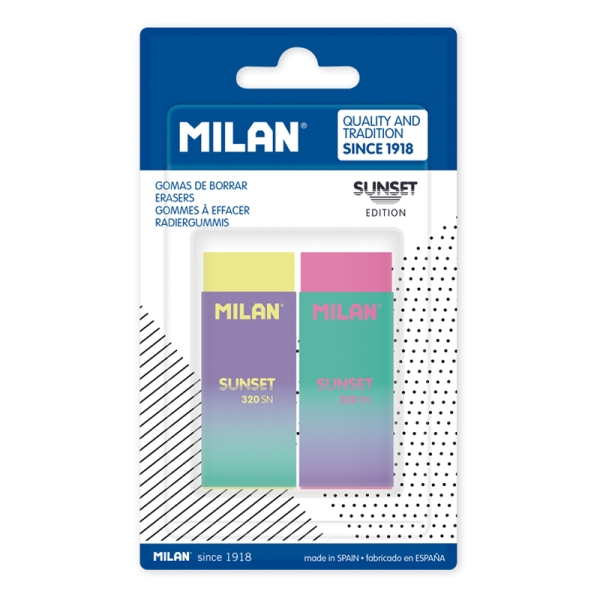 Milan Nata 320 Sunset Confezione da 2 gomme da cancellare - Non abrasiva - Colori assortiti