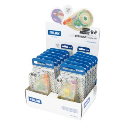 Milan New Look Espositore con 12 blister di nastro correttore - Confezione in blister - 5 mm x 15 m - Colori assortiti