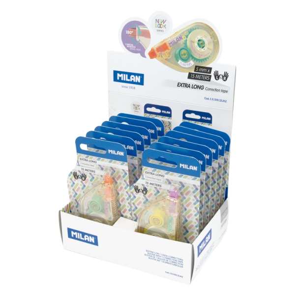 Milan New Look Espositore con 12 blister di nastro correttore - Confezione in blister - 5 mm x 15 m - Colori assortiti