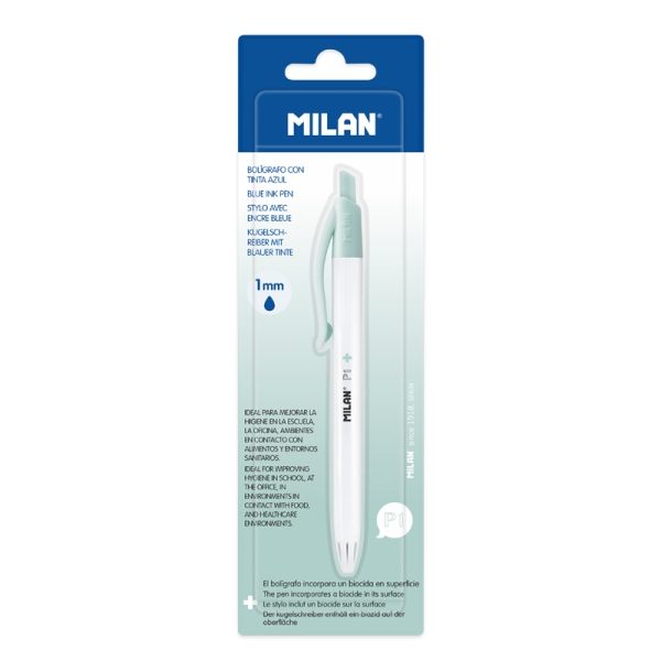 Milan P1 + Blister con 1 penna a sfera retrattile - Inchiostro blu - Punta rotonda 1 mm - Superficie antibatterica - Colore bianco