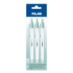 Milan P1 + Confezione da 3 penne a sfera retrattili - Inchiostro blu - Punta rotonda da 1 mm - Superficie antibatterica - Colore bianco